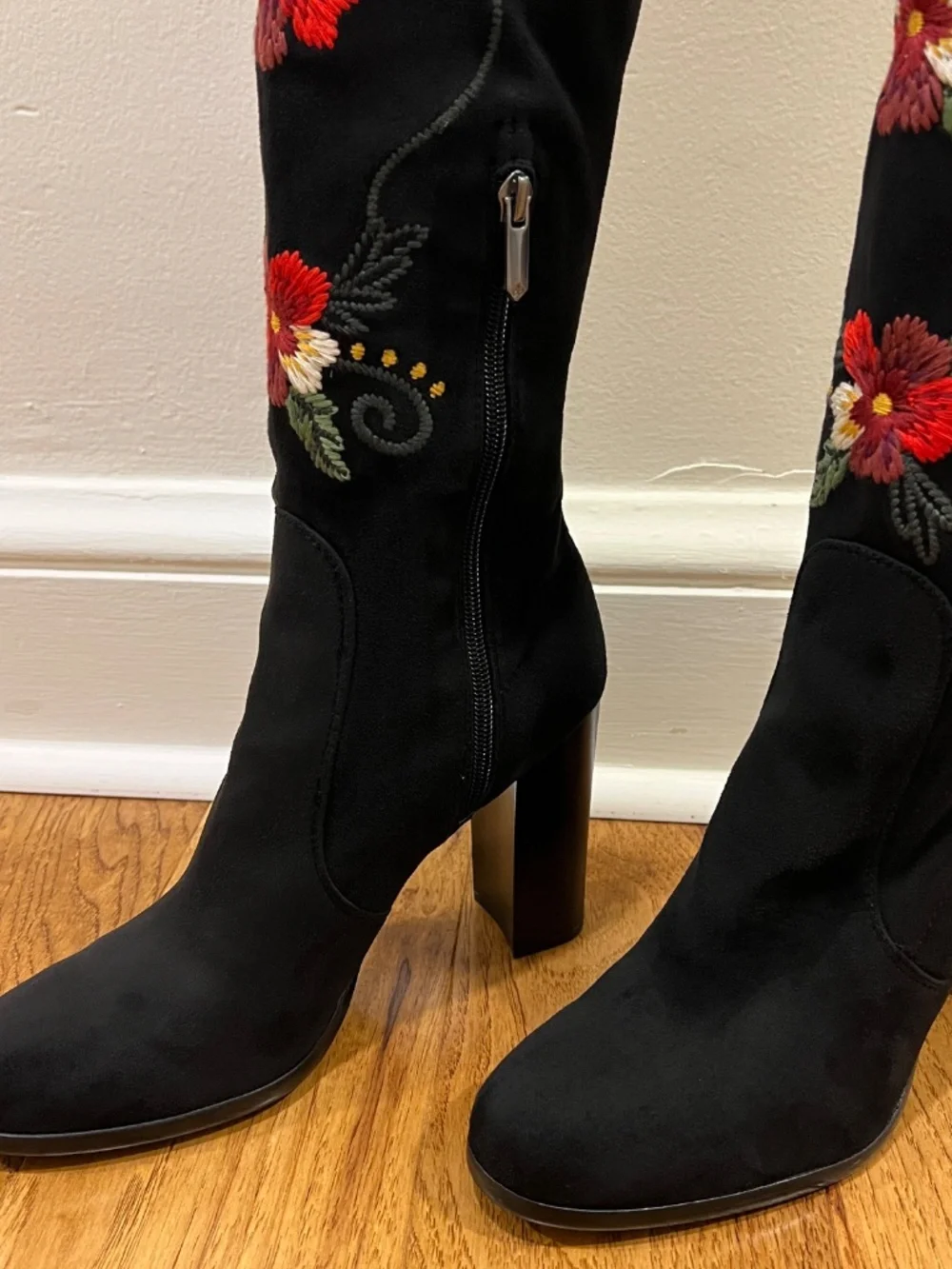 Sam Edelman Vena Black Microsuede Floral Embroidered Over-the-Knee Boots, Sz 10M